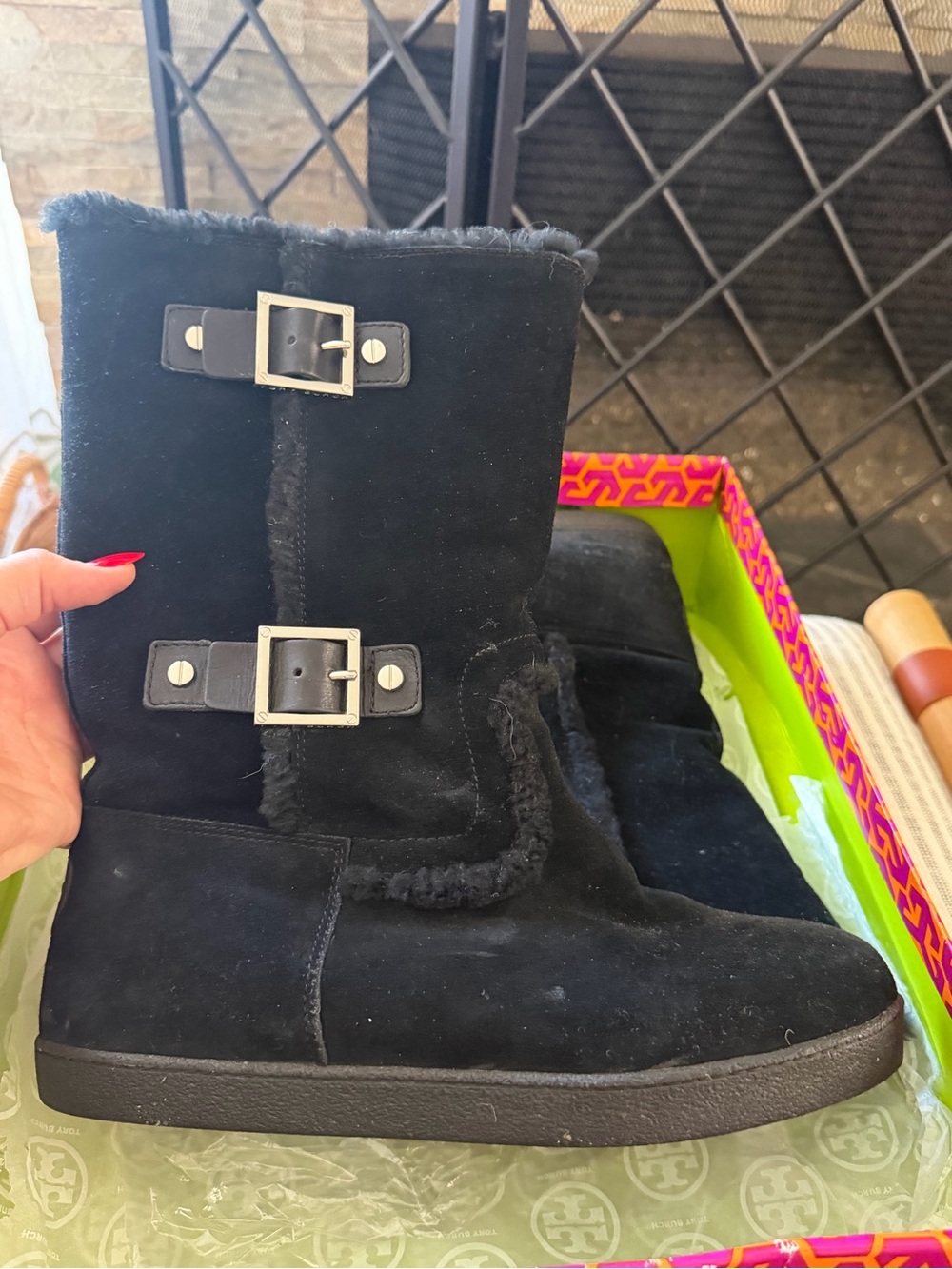 Tory Burch Black Suede Shearling Buckle Winter Boots